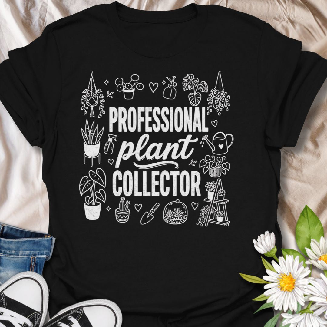 This Professional Plant Collector t-shirt is made for houseplant lovers who are always adding one more leafy friend to the collection. Featuring bold typography surrounded by hand-drawn plant doodles, hanging planters, watering cans, spray bottles, shelves, and gardening details, this design has a fun botanical look for everyday plant-parent style. Perfect for plant moms, plant dads, indoor gardeners, propagation fans, houseplant collectors, and anyone who proudly treats plant collecting like a serious hobb