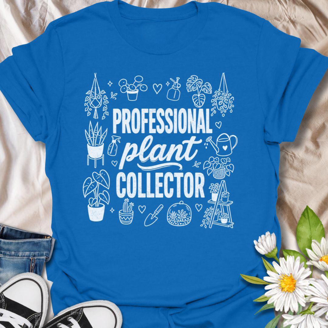 This Professional Plant Collector t-shirt is made for houseplant lovers who are always adding one more leafy friend to the collection. Featuring bold typography surrounded by hand-drawn plant doodles, hanging planters, watering cans, spray bottles, shelves, and gardening details, this design has a fun botanical look for everyday plant-parent style. Perfect for plant moms, plant dads, indoor gardeners, propagation fans, houseplant collectors, and anyone who proudly treats plant collecting like a serious hobb