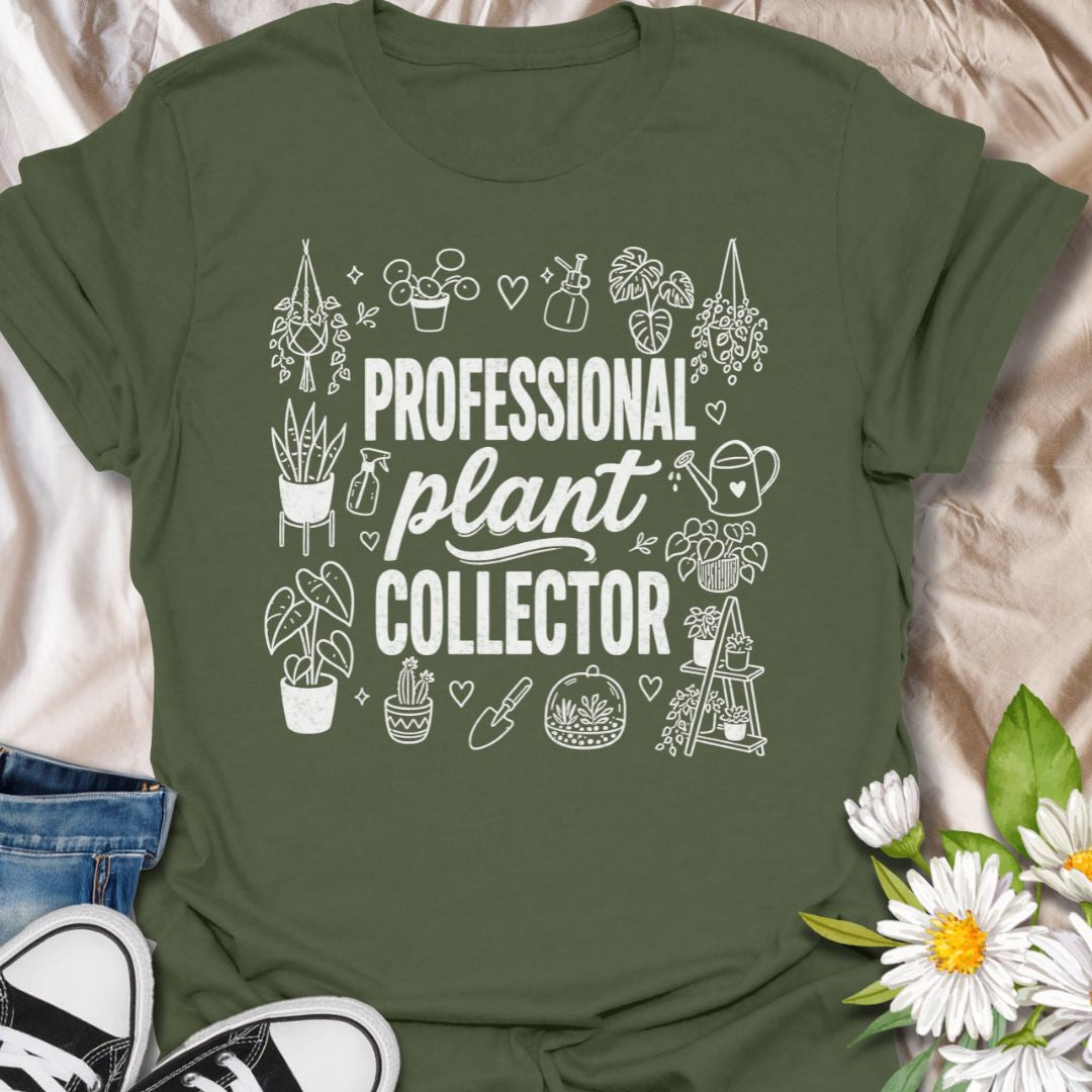 This Professional Plant Collector t-shirt is made for houseplant lovers who are always adding one more leafy friend to the collection. Featuring bold typography surrounded by hand-drawn plant doodles, hanging planters, watering cans, spray bottles, shelves, and gardening details, this design has a fun botanical look for everyday plant-parent style. Perfect for plant moms, plant dads, indoor gardeners, propagation fans, houseplant collectors, and anyone who proudly treats plant collecting like a serious hobb