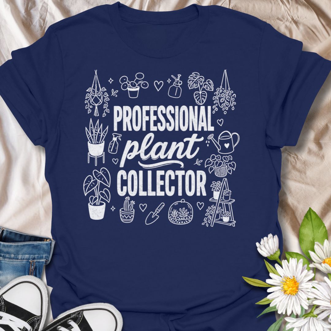 This Professional Plant Collector t-shirt is made for houseplant lovers who are always adding one more leafy friend to the collection. Featuring bold typography surrounded by hand-drawn plant doodles, hanging planters, watering cans, spray bottles, shelves, and gardening details, this design has a fun botanical look for everyday plant-parent style. Perfect for plant moms, plant dads, indoor gardeners, propagation fans, houseplant collectors, and anyone who proudly treats plant collecting like a serious hobb