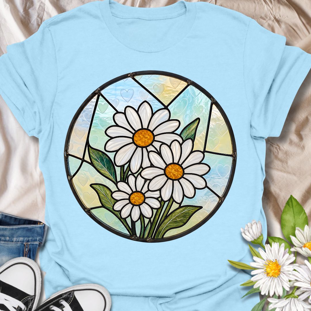 This Stained Glass Daisy t-shirt is made for flower lovers who want a bright, cheerful botanical design with an artistic twist. Featuring white daisies, golden centers, leafy green stems, and soft pastel stained-glass style panels, this design has a fresh garden-inspired look that feels pretty, peaceful, and easy to wear. Perfect for daisy lovers, gardeners, flower fans, nature lovers, botanical art lovers, and anyone who loves simple floral beauty.