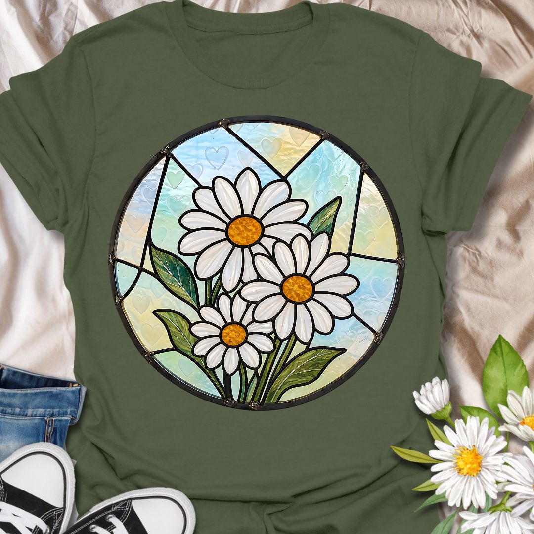 This Stained Glass Daisy t-shirt is made for flower lovers who want a bright, cheerful botanical design with an artistic twist. Featuring white daisies, golden centers, leafy green stems, and soft pastel stained-glass style panels, this design has a fresh garden-inspired look that feels pretty, peaceful, and easy to wear. Perfect for daisy lovers, gardeners, flower fans, nature lovers, botanical art lovers, and anyone who loves simple floral beauty.