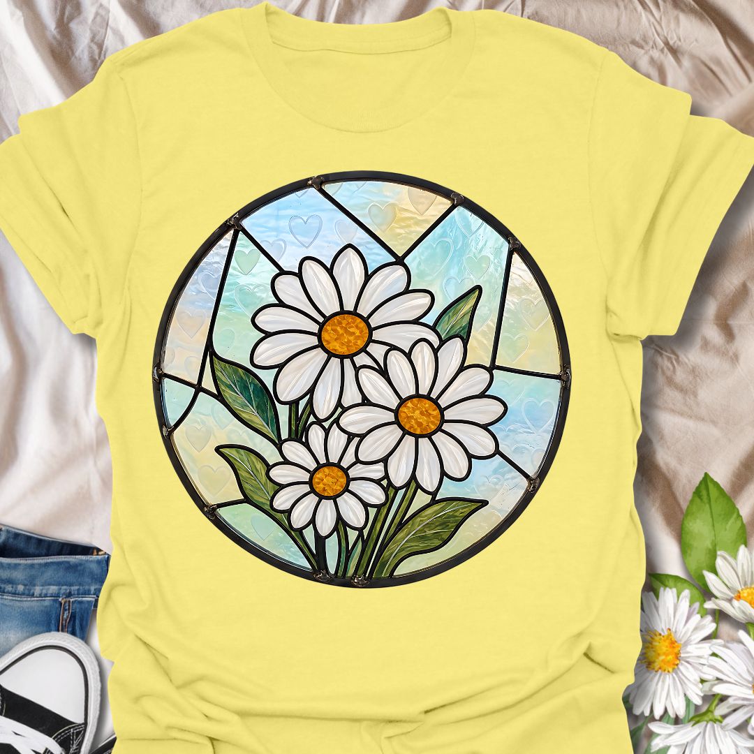 This Stained Glass Daisy t-shirt is made for flower lovers who want a bright, cheerful botanical design with an artistic twist. Featuring white daisies, golden centers, leafy green stems, and soft pastel stained-glass style panels, this design has a fresh garden-inspired look that feels pretty, peaceful, and easy to wear. Perfect for daisy lovers, gardeners, flower fans, nature lovers, botanical art lovers, and anyone who loves simple floral beauty.