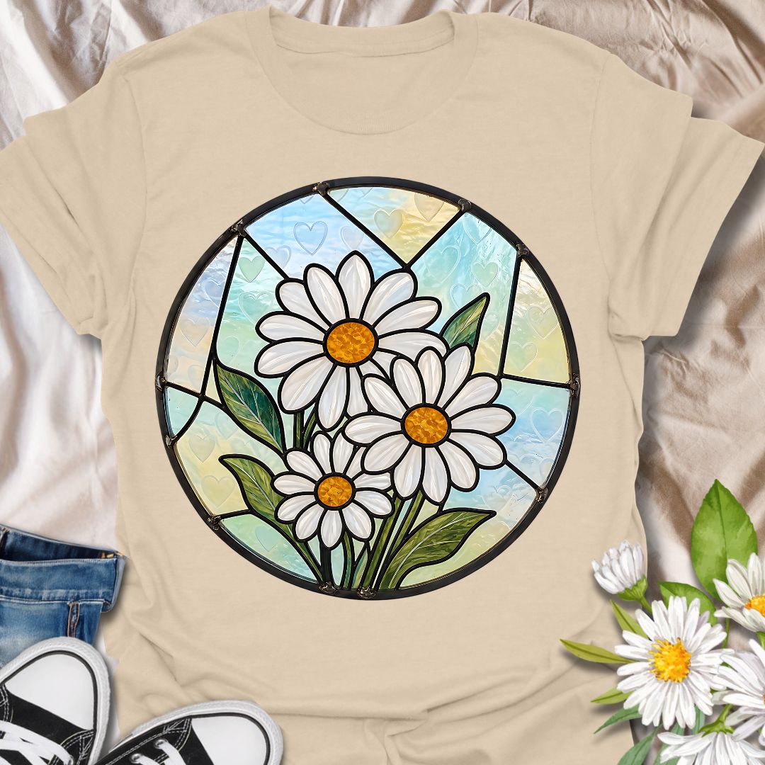 This Stained Glass Daisy t-shirt is made for flower lovers who want a bright, cheerful botanical design with an artistic twist. Featuring white daisies, golden centers, leafy green stems, and soft pastel stained-glass style panels, this design has a fresh garden-inspired look that feels pretty, peaceful, and easy to wear. Perfect for daisy lovers, gardeners, flower fans, nature lovers, botanical art lovers, and anyone who loves simple floral beauty.