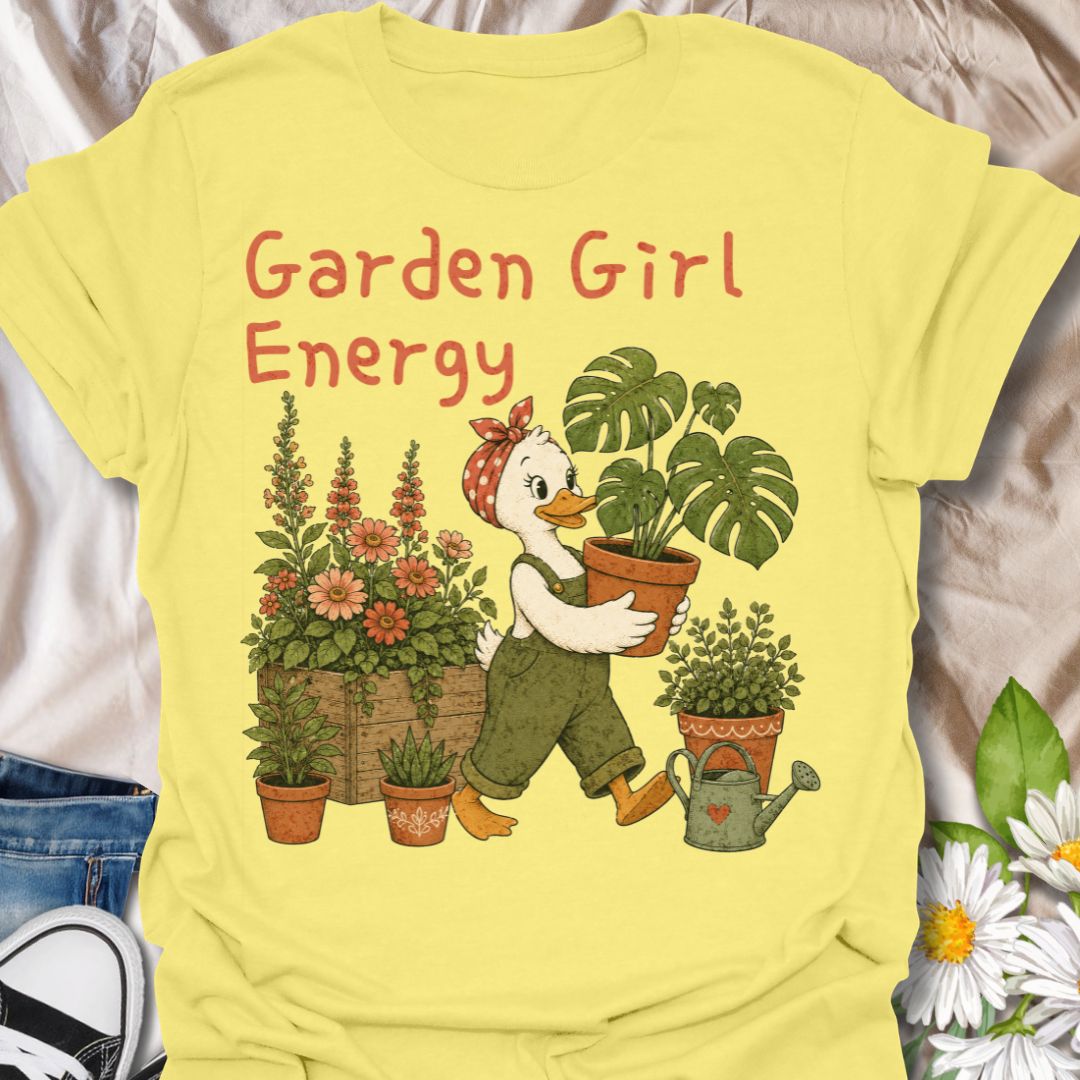 This Garden Girl Energy t-shirt is perfect for plant lovers, flower fans, and gardeners who feel most at home surrounded by blooms and houseplants. Featuring a charming duck gardener in overalls and a polka dot bandana carrying a potted monstera, alongside flowers, pots, and a watering can, this design has a whimsical botanical feel that suits cottagecore style, garden lovers, and anyone proud of their plant-filled lifestyle.