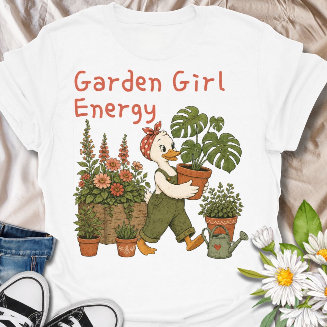 This Garden Girl Energy t-shirt is perfect for plant lovers, flower fans, and gardeners who feel most at home surrounded by blooms and houseplants. Featuring a charming duck gardener in overalls and a polka dot bandana carrying a potted monstera, alongside flowers, pots, and a watering can, this design has a whimsical botanical feel that suits cottagecore style, garden lovers, and anyone proud of their plant-filled lifestyle.