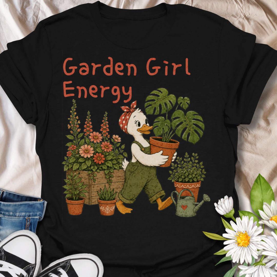 This Garden Girl Energy t-shirt is perfect for plant lovers, flower fans, and gardeners who feel most at home surrounded by blooms and houseplants. Featuring a charming duck gardener in overalls and a polka dot bandana carrying a potted monstera, alongside flowers, pots, and a watering can, this design has a whimsical botanical feel that suits cottagecore style, garden lovers, and anyone proud of their plant-filled lifestyle.