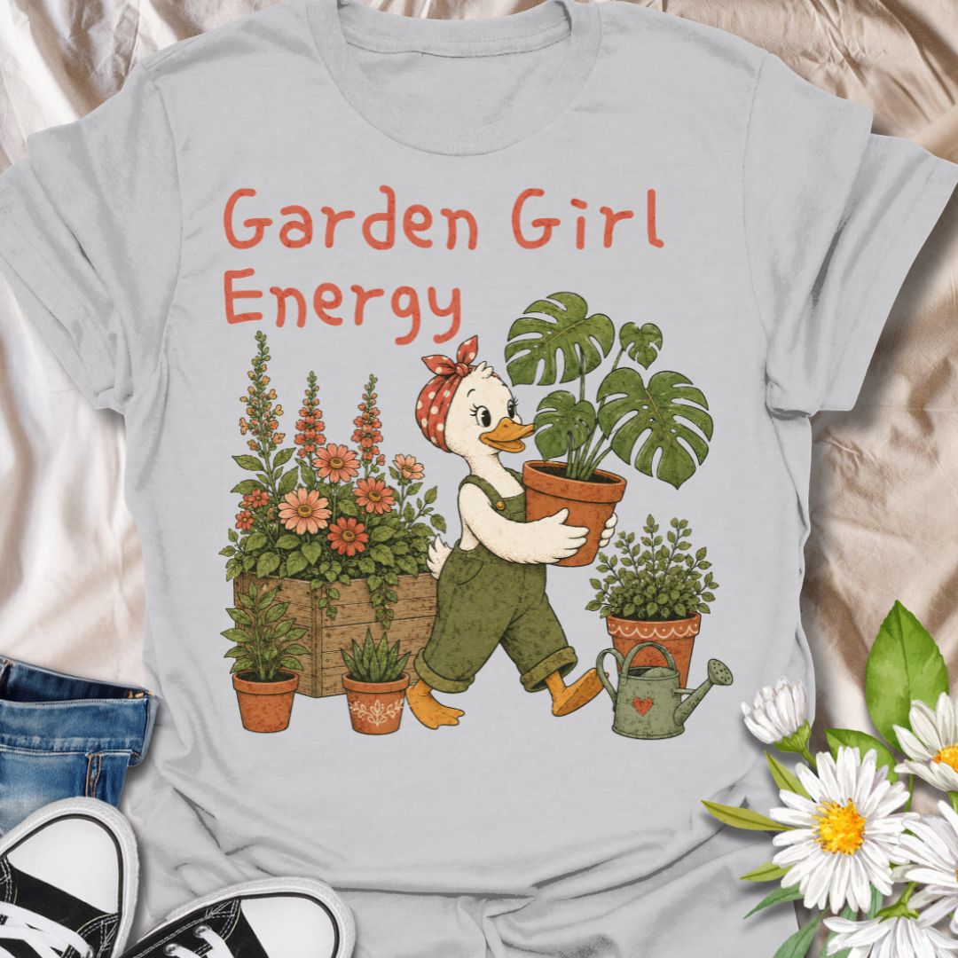 This Garden Girl Energy t-shirt is perfect for plant lovers, flower fans, and gardeners who feel most at home surrounded by blooms and houseplants. Featuring a charming duck gardener in overalls and a polka dot bandana carrying a potted monstera, alongside flowers, pots, and a watering can, this design has a whimsical botanical feel that suits cottagecore style, garden lovers, and anyone proud of their plant-filled lifestyle.