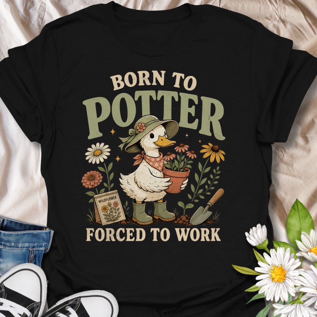 This Born to Potter Forced to Work t-shirt is perfect for plant lovers, gardeners, and flower fans who would rather be potting plants than doing anything else. Featuring a charming duck gardener holding a potted flower, surrounded by blooms, gardening tools, and a wildflower seed packet, this design has a playful cottagecore feel with a whimsical gardening twist. A great choice for garden lovers, plant parents, flower enthusiasts, and anyone who lives for potting, planting, and time in the garden.