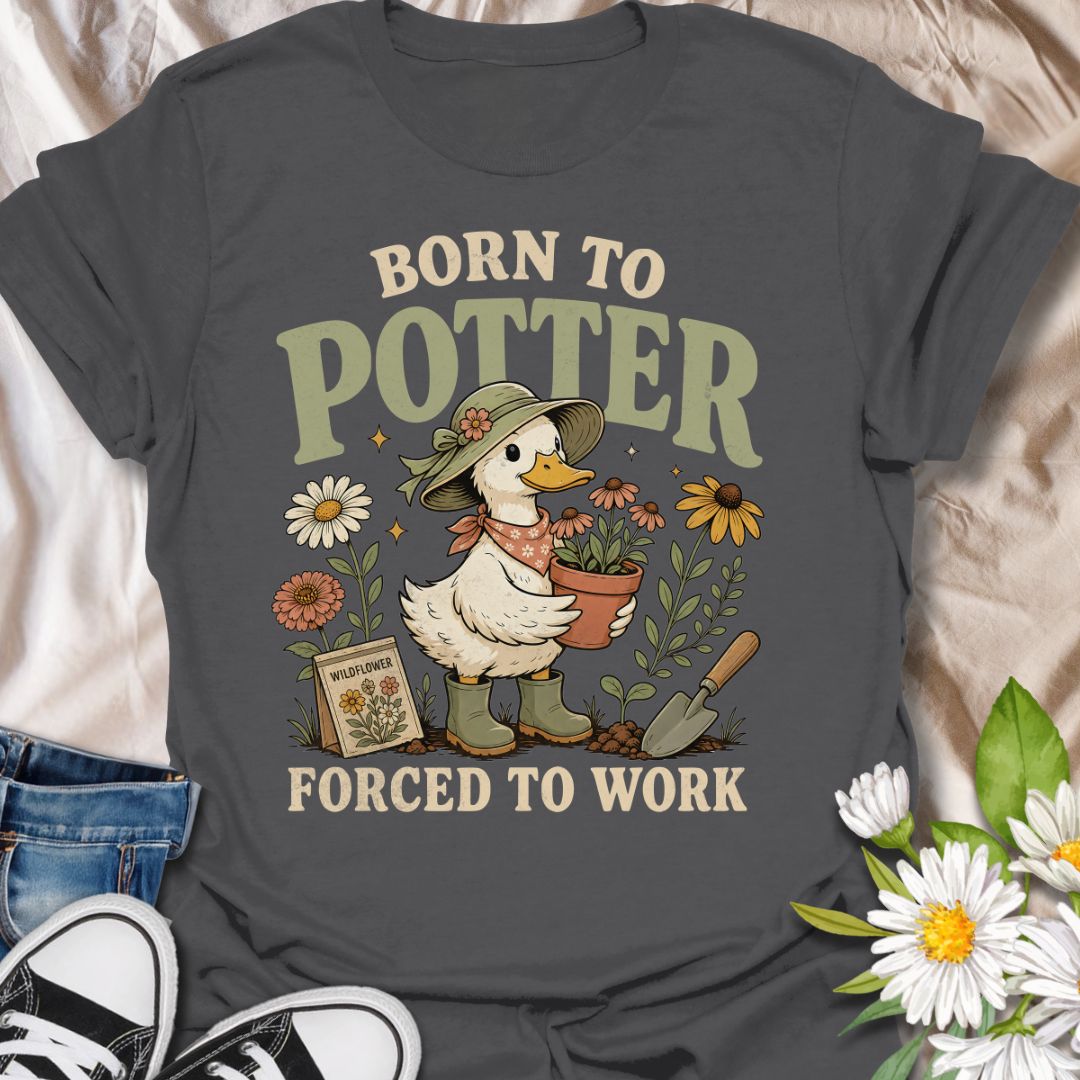 This Born to Potter Forced to Work t-shirt is perfect for plant lovers, gardeners, and flower fans who would rather be potting plants than doing anything else. Featuring a charming duck gardener holding a potted flower, surrounded by blooms, gardening tools, and a wildflower seed packet, this design has a playful cottagecore feel with a whimsical gardening twist. A great choice for garden lovers, plant parents, flower enthusiasts, and anyone who lives for potting, planting, and time in the garden.
