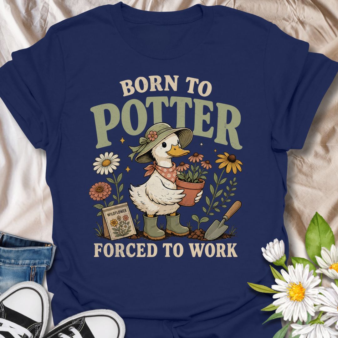 This Born to Potter Forced to Work t-shirt is perfect for plant lovers, gardeners, and flower fans who would rather be potting plants than doing anything else. Featuring a charming duck gardener holding a potted flower, surrounded by blooms, gardening tools, and a wildflower seed packet, this design has a playful cottagecore feel with a whimsical gardening twist. A great choice for garden lovers, plant parents, flower enthusiasts, and anyone who lives for potting, planting, and time in the garden.