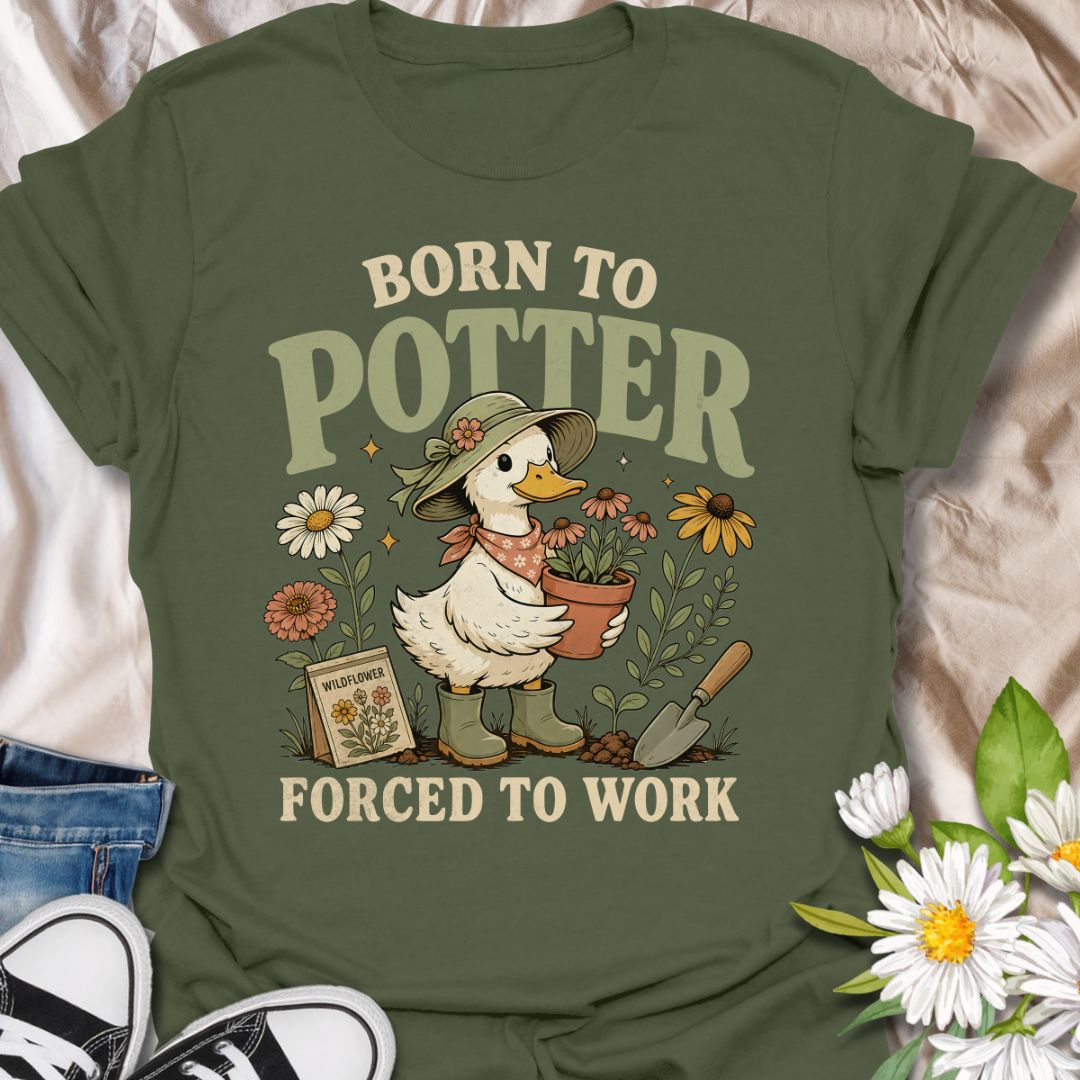This Born to Potter Forced to Work t-shirt is perfect for plant lovers, gardeners, and flower fans who would rather be potting plants than doing anything else. Featuring a charming duck gardener holding a potted flower, surrounded by blooms, gardening tools, and a wildflower seed packet, this design has a playful cottagecore feel with a whimsical gardening twist. A great choice for garden lovers, plant parents, flower enthusiasts, and anyone who lives for potting, planting, and time in the garden.