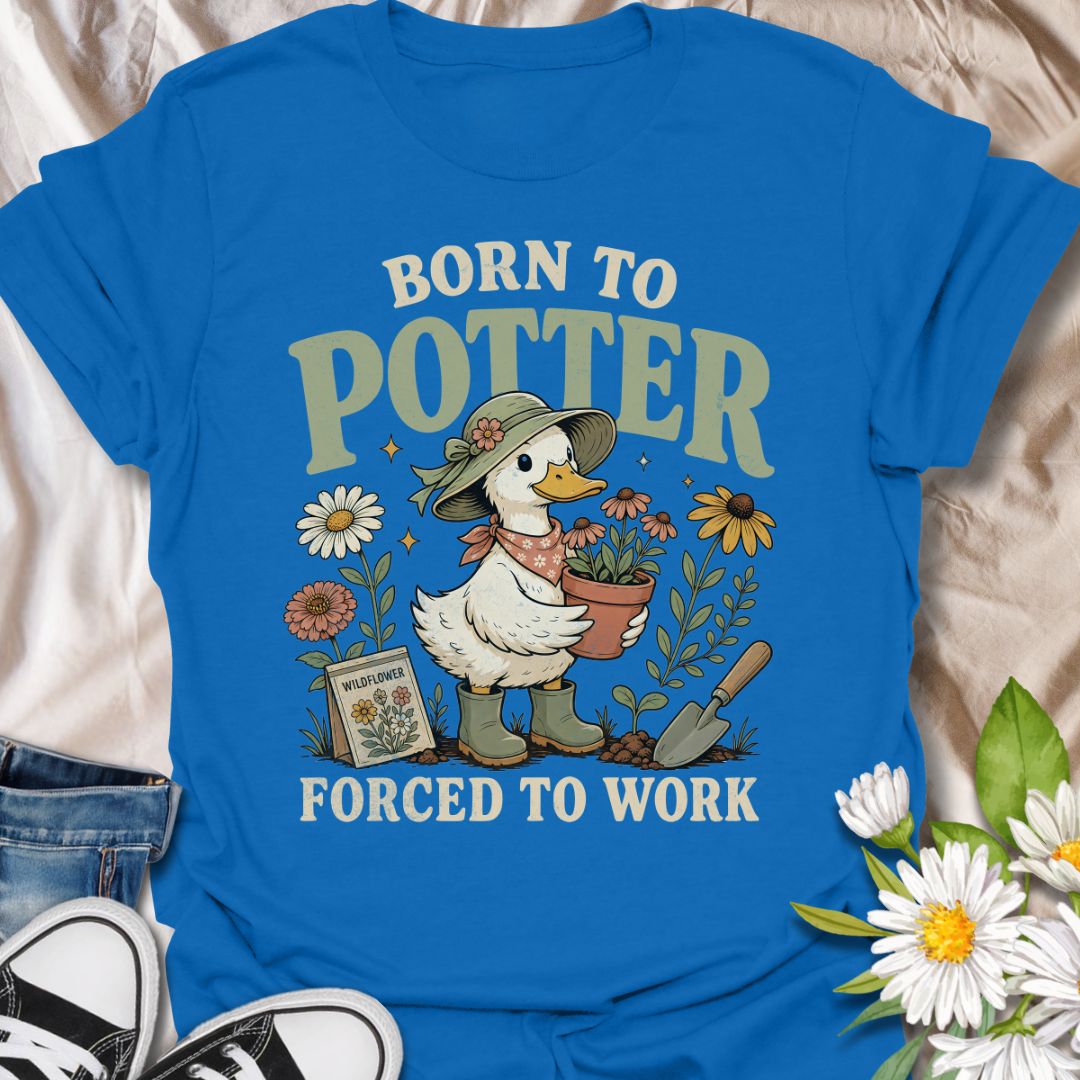 This Born to Potter Forced to Work t-shirt is perfect for plant lovers, gardeners, and flower fans who would rather be potting plants than doing anything else. Featuring a charming duck gardener holding a potted flower, surrounded by blooms, gardening tools, and a wildflower seed packet, this design has a playful cottagecore feel with a whimsical gardening twist. A great choice for garden lovers, plant parents, flower enthusiasts, and anyone who lives for potting, planting, and time in the garden.