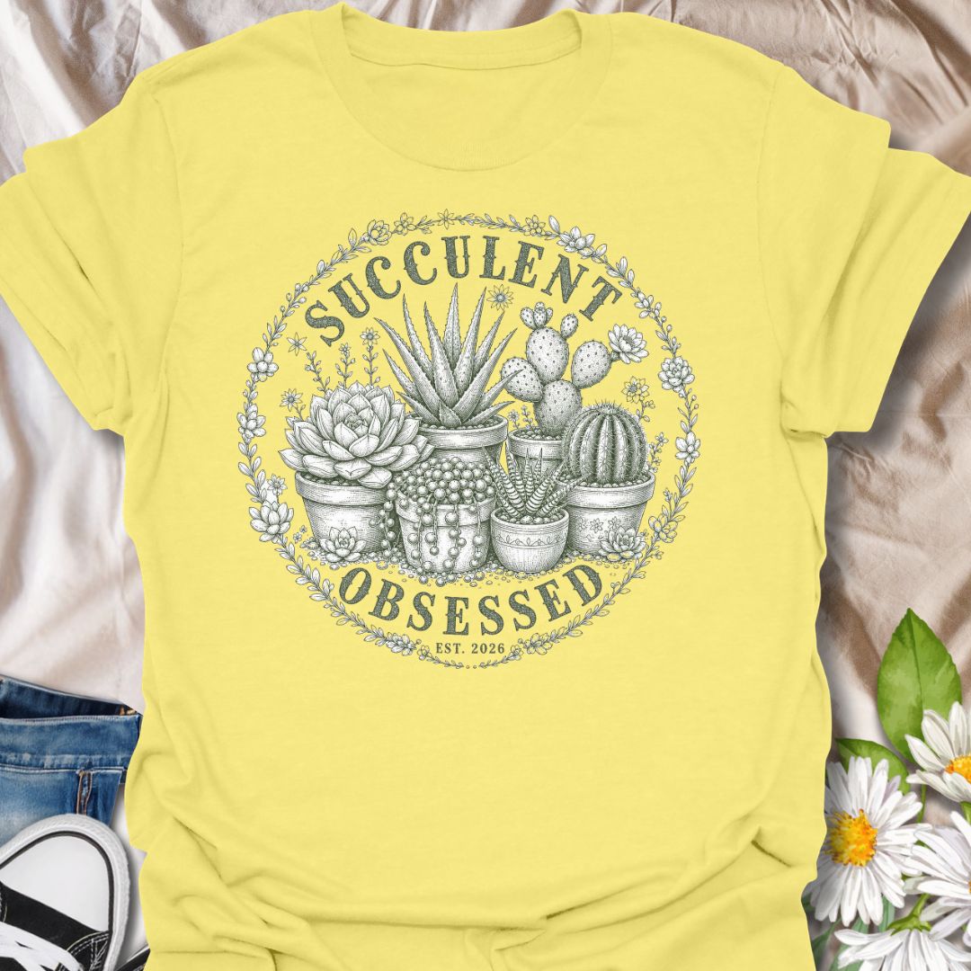 This Succulent Obsessed t-shirt is made for plant lovers who can never resist one more cactus, echeveria, aloe, or tiny potted succulent. Featuring a vintage-style circular botanical design with detailed succulent and cactus illustrations, floral border accents, and soft green ink styling, this tee has a calm plant-collector feel. Perfect for succulent lovers, cactus fans, plant moms, plant dads, houseplant collectors, and anyone proudly obsessed with their little desert plants.