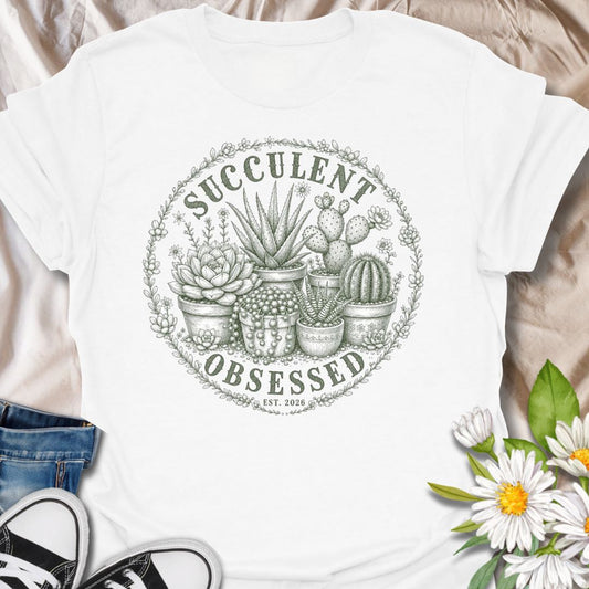 This Succulent Obsessed t-shirt is made for plant lovers who can never resist one more cactus, echeveria, aloe, or tiny potted succulent. Featuring a vintage-style circular botanical design with detailed succulent and cactus illustrations, floral border accents, and soft green ink styling, this tee has a calm plant-collector feel. Perfect for succulent lovers, cactus fans, plant moms, plant dads, houseplant collectors, and anyone proudly obsessed with their little desert plants.