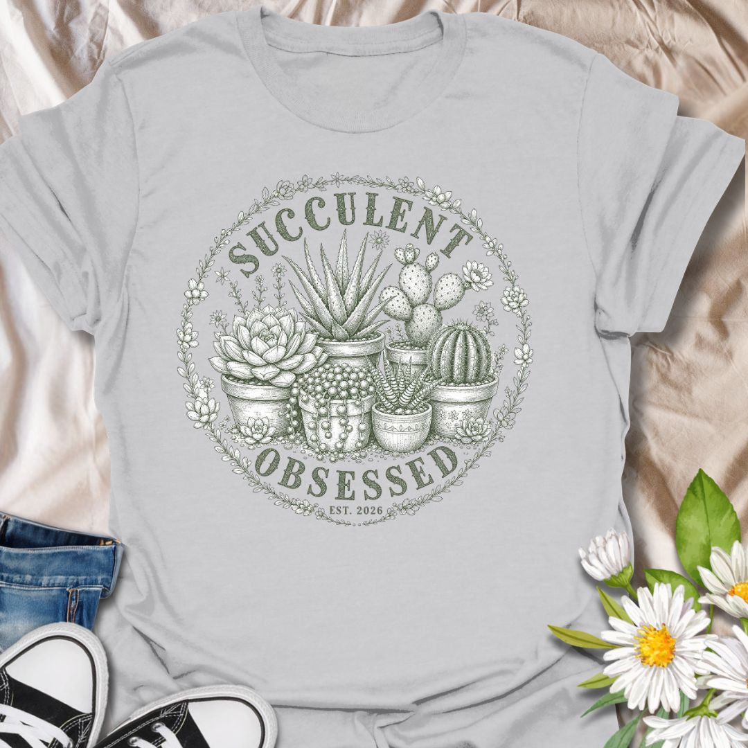 This Succulent Obsessed t-shirt is made for plant lovers who can never resist one more cactus, echeveria, aloe, or tiny potted succulent. Featuring a vintage-style circular botanical design with detailed succulent and cactus illustrations, floral border accents, and soft green ink styling, this tee has a calm plant-collector feel. Perfect for succulent lovers, cactus fans, plant moms, plant dads, houseplant collectors, and anyone proudly obsessed with their little desert plants.