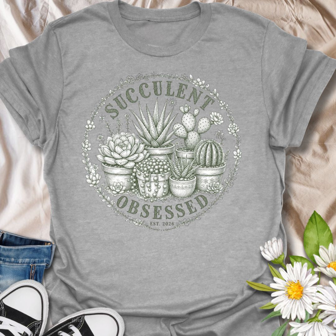 This Succulent Obsessed t-shirt is made for plant lovers who can never resist one more cactus, echeveria, aloe, or tiny potted succulent. Featuring a vintage-style circular botanical design with detailed succulent and cactus illustrations, floral border accents, and soft green ink styling, this tee has a calm plant-collector feel. Perfect for succulent lovers, cactus fans, plant moms, plant dads, houseplant collectors, and anyone proudly obsessed with their little desert plants.