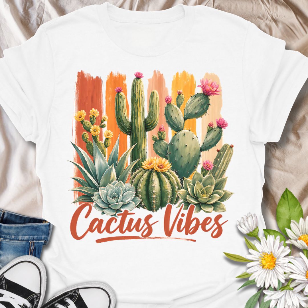 This Cactus Vibes t-shirt is made for plant lovers who are drawn to desert plants, succulents, and bold botanical artwork. Featuring a colorful cactus and succulent arrangement with painterly brushstroke accents, blooming prickly pear flowers, agave, and warm earthy lettering, this design has a bright southwestern garden feel. Perfect for cactus lovers, succulent fans, plant moms, plant dads, desert plant collectors, and anyone who loves relaxed plant vibes.