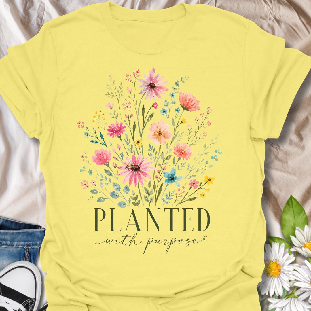 This Planted With Purpose t-shirt is made for flower lovers, gardeners, and anyone drawn to soft botanical designs with an uplifting message. Featuring a loose watercolor-style wildflower bouquet with pink, coral, yellow, blue, and sage green florals, this design has a feminine, graceful garden-inspired feel. Perfect for plant lovers, flower fans, gardeners, nature lovers, and anyone who loves meaningful floral artwork with a calm, pretty style.