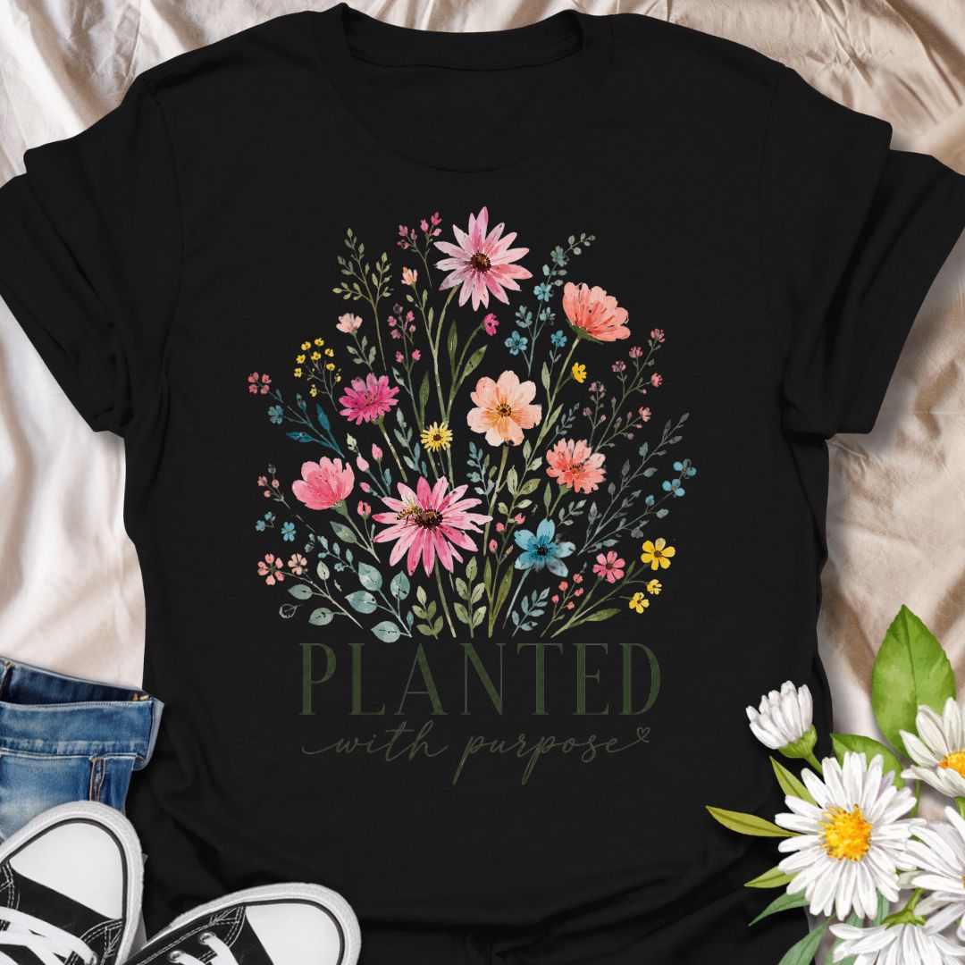 This Planted With Purpose t-shirt is made for flower lovers, gardeners, and anyone drawn to soft botanical designs with an uplifting message. Featuring a loose watercolor-style wildflower bouquet with pink, coral, yellow, blue, and sage green florals, this design has a feminine, graceful garden-inspired feel. Perfect for plant lovers, flower fans, gardeners, nature lovers, and anyone who loves meaningful floral artwork with a calm, pretty style.