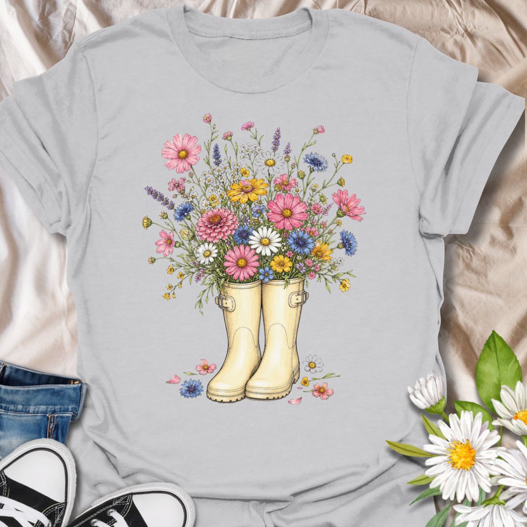 This flowers in Boots t-shirt is made for gardeners, flower lovers, and nature fans who love soft, cheerful botanical artwork. Featuring cream garden boots overflowing with pink, yellow, blue, purple, and white wildflowers, this design has a pretty cottagecore feel that is perfect for spring, gardening days, and flower-filled style. A lovely choice for garden lovers, plant moms, flower fans, wildflower enthusiasts, and anyone who finds joy in blooms, boots, and time outdoors.