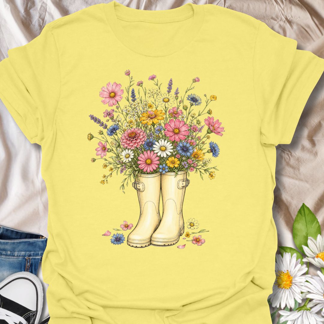 This flowers in Boots t-shirt is made for gardeners, flower lovers, and nature fans who love soft, cheerful botanical artwork. Featuring cream garden boots overflowing with pink, yellow, blue, purple, and white wildflowers, this design has a pretty cottagecore feel that is perfect for spring, gardening days, and flower-filled style. A lovely choice for garden lovers, plant moms, flower fans, wildflower enthusiasts, and anyone who finds joy in blooms, boots, and time outdoors.