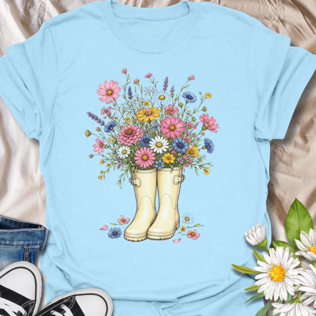This flowers in Boots t-shirt is made for gardeners, flower lovers, and nature fans who love soft, cheerful botanical artwork. Featuring cream garden boots overflowing with pink, yellow, blue, purple, and white wildflowers, this design has a pretty cottagecore feel that is perfect for spring, gardening days, and flower-filled style. A lovely choice for garden lovers, plant moms, flower fans, wildflower enthusiasts, and anyone who finds joy in blooms, boots, and time outdoors.