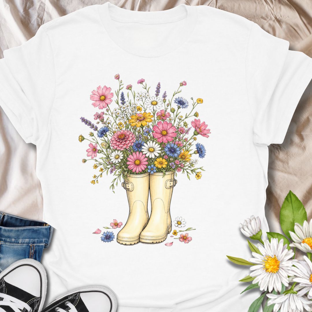This flowers in Boots t-shirt is made for gardeners, flower lovers, and nature fans who love soft, cheerful botanical artwork. Featuring cream garden boots overflowing with pink, yellow, blue, purple, and white wildflowers, this design has a pretty cottagecore feel that is perfect for spring, gardening days, and flower-filled style. A lovely choice for garden lovers, plant moms, flower fans, wildflower enthusiasts, and anyone who finds joy in blooms, boots, and time outdoors.