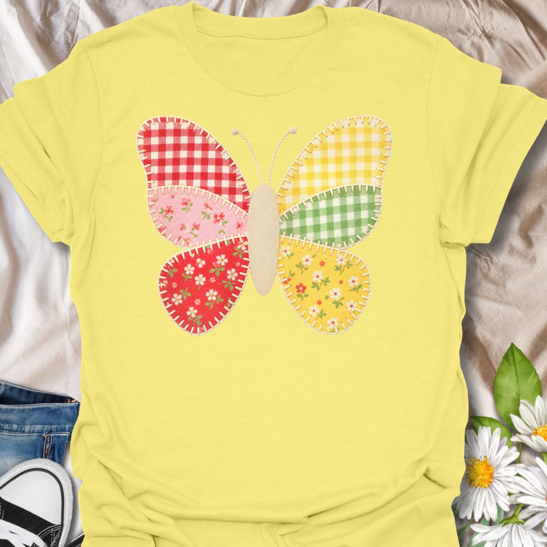 This faux Patchwork Butterfly t-shirt is made for nature lovers who enjoy bright, cheerful designs with a look of being handmade all achieved through printing methods. Featuring a colorful butterfly made from gingham and floral patchwork-style panels with faux stitched details, this design has a sweet cottagecore look that feels playful, crafty, and full of charm. Perfect for butterfly lovers, flower fans, gardeners, cottagecore style lovers, sewing fans, and anyone who loves soft, whimsical nature-in