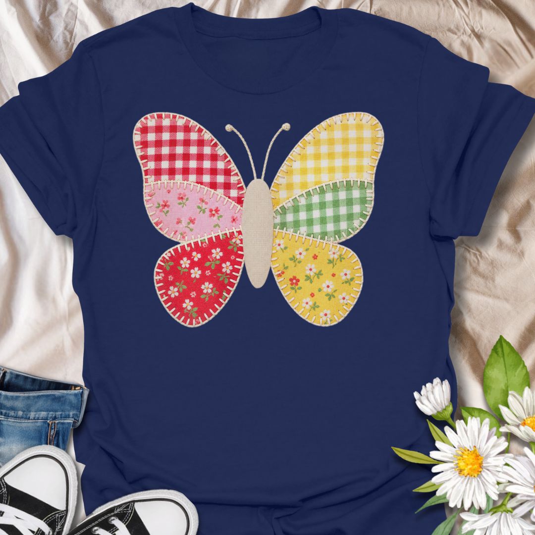 This faux Patchwork Butterfly t-shirt is made for nature lovers who enjoy bright, cheerful designs with a look of being handmade all achieved through printing methods. Featuring a colorful butterfly made from gingham and floral patchwork-style panels with faux stitched details, this design has a sweet cottagecore look that feels playful, crafty, and full of charm. Perfect for butterfly lovers, flower fans, gardeners, cottagecore style lovers, sewing fans, and anyone who loves soft, whimsical nature-in