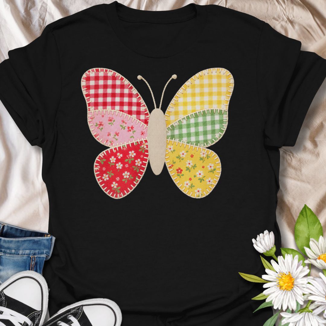 This faux Patchwork Butterfly t-shirt is made for nature lovers who enjoy bright, cheerful designs with a look of being handmade all achieved through printing methods. Featuring a colorful butterfly made from gingham and floral patchwork-style panels with faux stitched details, this design has a sweet cottagecore look that feels playful, crafty, and full of charm. Perfect for butterfly lovers, flower fans, gardeners, cottagecore style lovers, sewing fans, and anyone who loves soft, whimsical nature-in