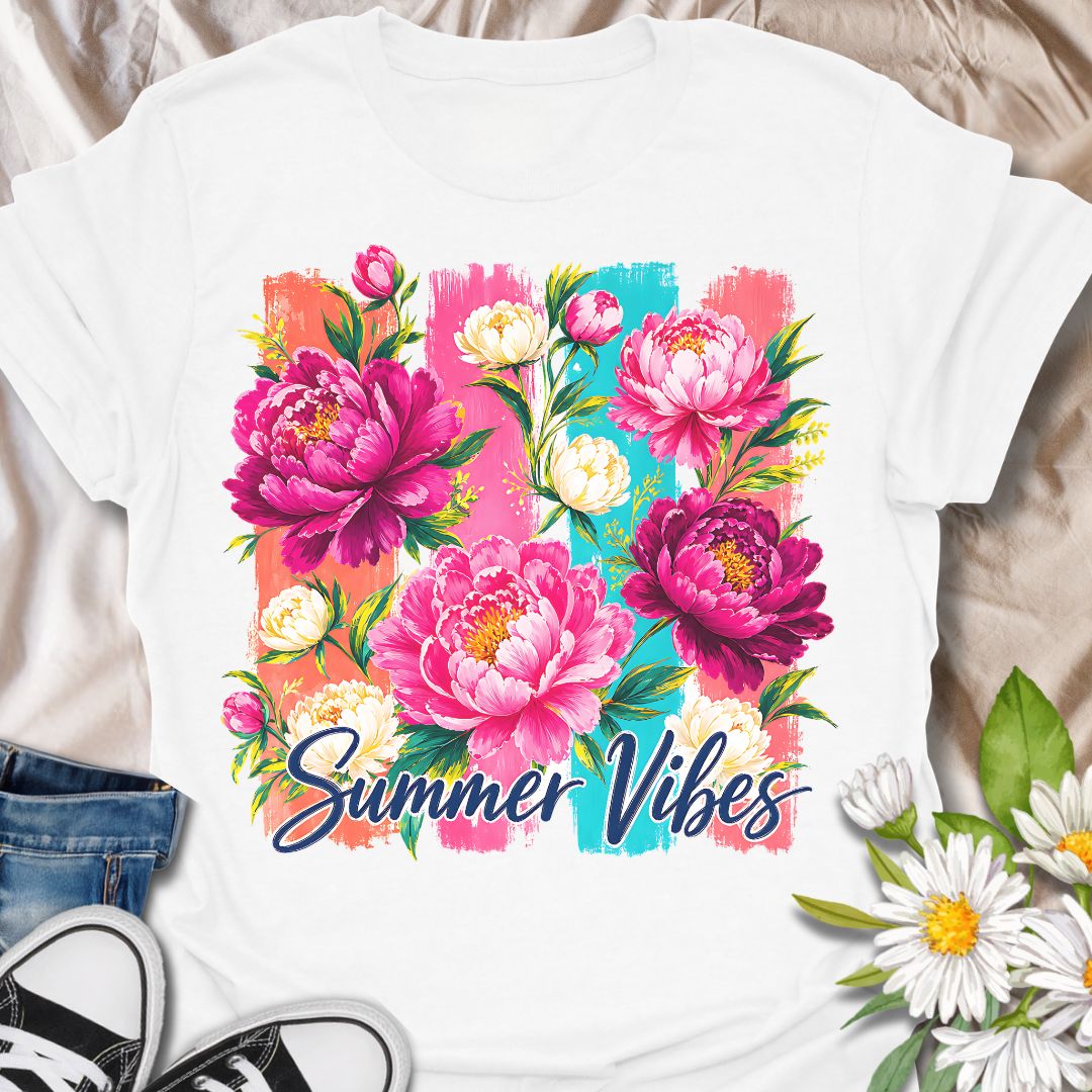 This Summer Vibes t-shirt is made for flower lovers who want a bright, cheerful design full of colour and warm-weather energy. Featuring bold pink peonies, soft cream blossoms, leafy greenery, painterly brushstroke panels, and flowing Summer Vibes lettering, this design has a fresh floral look that feels joyful and eye-catching. Perfect for garden lovers, flower fans, botanical style lovers, cottagecore outfits, summer wardrobes, and anyone who loves vibrant floral artwork.