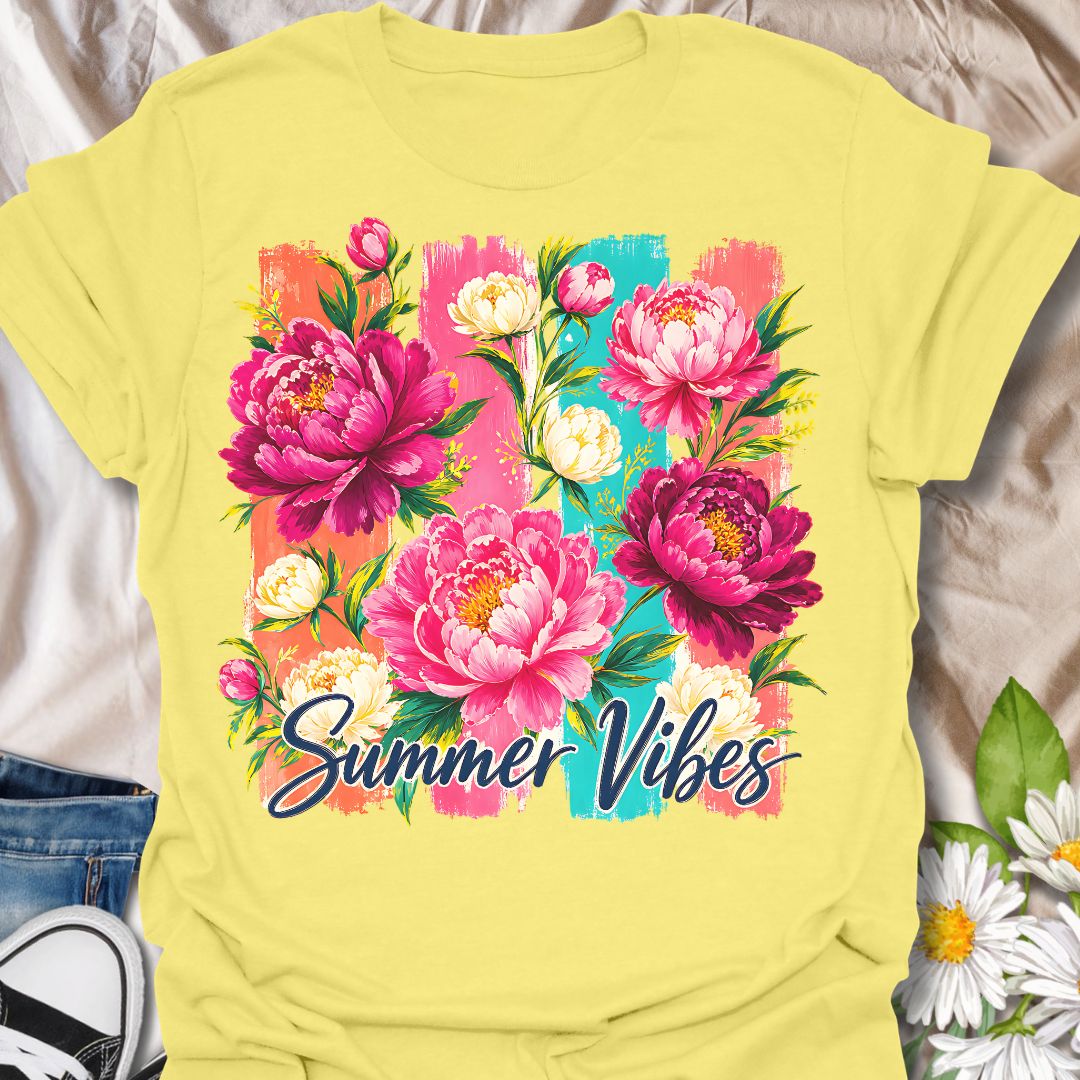 This Summer Vibes t-shirt is made for flower lovers who want a bright, cheerful design full of colour and warm-weather energy. Featuring bold pink peonies, soft cream blossoms, leafy greenery, painterly brushstroke panels, and flowing Summer Vibes lettering, this design has a fresh floral look that feels joyful and eye-catching. Perfect for garden lovers, flower fans, botanical style lovers, cottagecore outfits, summer wardrobes, and anyone who loves vibrant floral artwork.