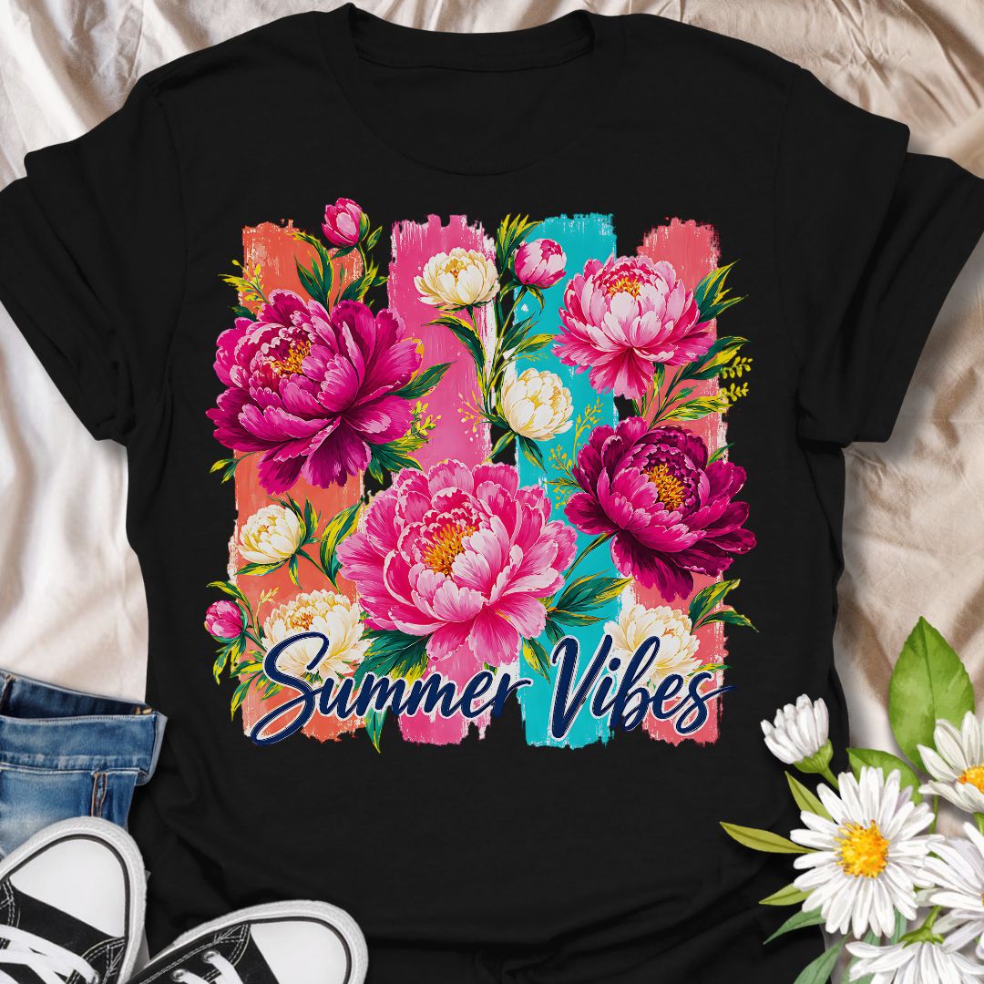This Summer Vibes t-shirt is made for flower lovers who want a bright, cheerful design full of colour and warm-weather energy. Featuring bold pink peonies, soft cream blossoms, leafy greenery, painterly brushstroke panels, and flowing Summer Vibes lettering, this design has a fresh floral look that feels joyful and eye-catching. Perfect for garden lovers, flower fans, botanical style lovers, cottagecore outfits, summer wardrobes, and anyone who loves vibrant floral artwork.
