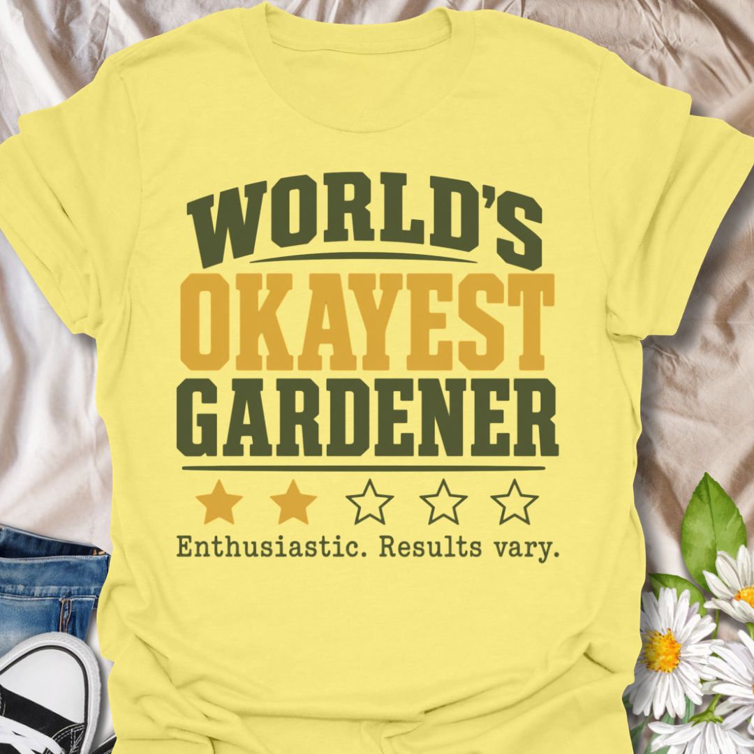 This World’s Okayest Gardener t-shirt is made for gardeners who are enthusiastic, optimistic, and not always guaranteed perfect results. Featuring bold varsity-style lettering, star rating details, and the funny phrase enthusiastic, results vary, this design has a relatable garden-humor feel for everyday wear. Perfect for plant lovers, beginner gardeners, backyard growers, allotment keepers, plant moms, plant dads, and anyone proudly doing their best in the garden.