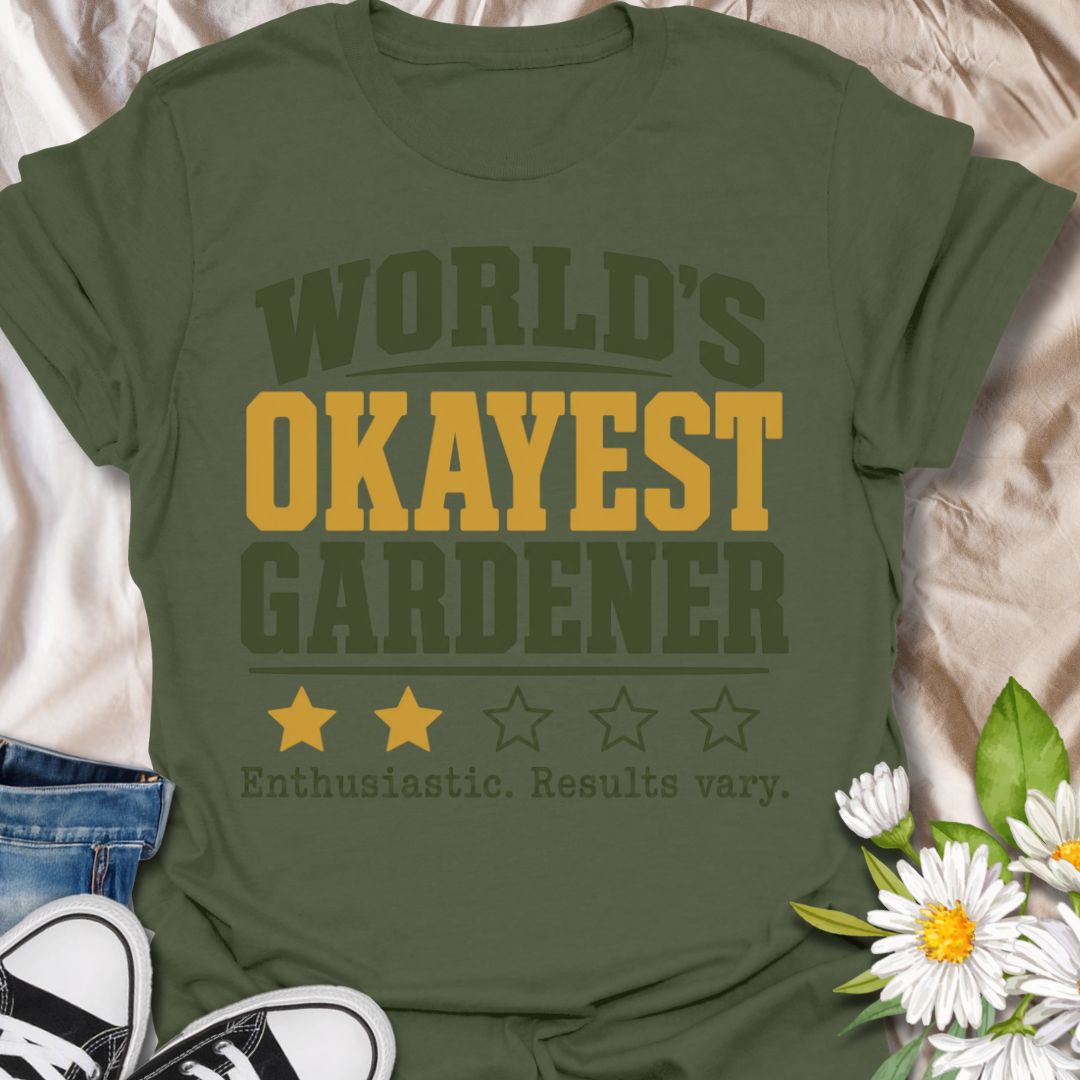 This World’s Okayest Gardener t-shirt is made for gardeners who are enthusiastic, optimistic, and not always guaranteed perfect results. Featuring bold varsity-style lettering, star rating details, and the funny phrase enthusiastic, results vary, this design has a relatable garden-humor feel for everyday wear. Perfect for plant lovers, beginner gardeners, backyard growers, allotment keepers, plant moms, plant dads, and anyone proudly doing their best in the garden.