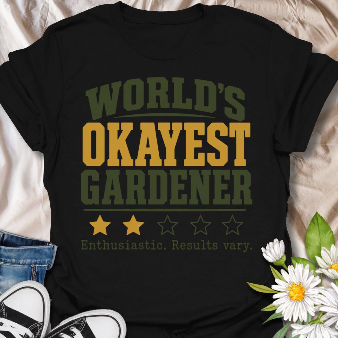 This World’s Okayest Gardener t-shirt is made for gardeners who are enthusiastic, optimistic, and not always guaranteed perfect results. Featuring bold varsity-style lettering, star rating details, and the funny phrase enthusiastic, results vary, this design has a relatable garden-humor feel for everyday wear. Perfect for plant lovers, beginner gardeners, backyard growers, allotment keepers, plant moms, plant dads, and anyone proudly doing their best in the garden.