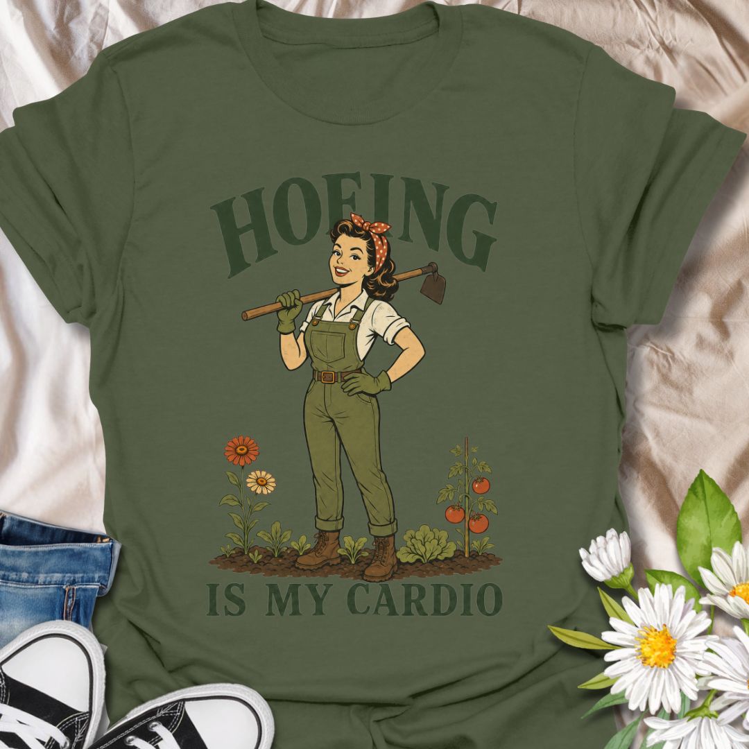 This Hoeing Is My Cardio t-shirt is made for gardeners who know working the soil, pulling weeds, and tending the vegetable patch absolutely counts as exercise. Featuring a vintage-style gardener holding a hoe, with flowers, tomatoes, greenery, and bold retro lettering, this design has a funny garden-humor feel with classic pin-up charm. Perfect for gardeners, plant lovers, backyard growers, vegetable gardeners, flower fans, homesteaders, and anyone who gets their workout in the garden.