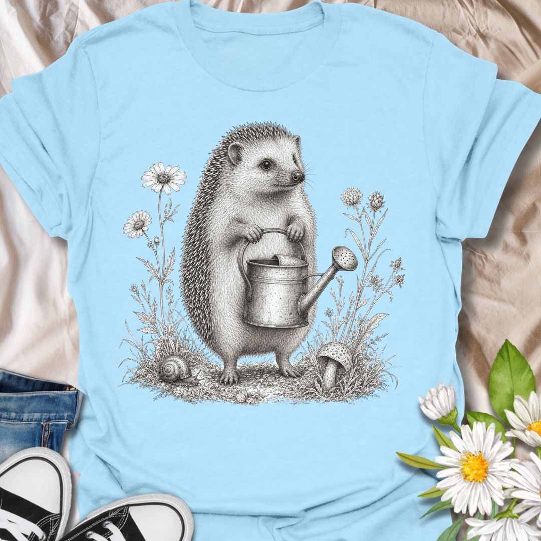 This Hedgehog Gardener t-shirt is made for gardeners, nature lovers, and woodland animal fans who enjoy soft vintage-style artwork. Featuring a sweet hedgehog holding a watering can, surrounded by wildflowers, grass, a snail, and a tiny mushroom, this design has a charming cottagecore garden feel. Perfect for gardeners, plant lovers, hedgehog fans, wildlife lovers, botanical art fans, and anyone who loves gentle nature-inspired designs.