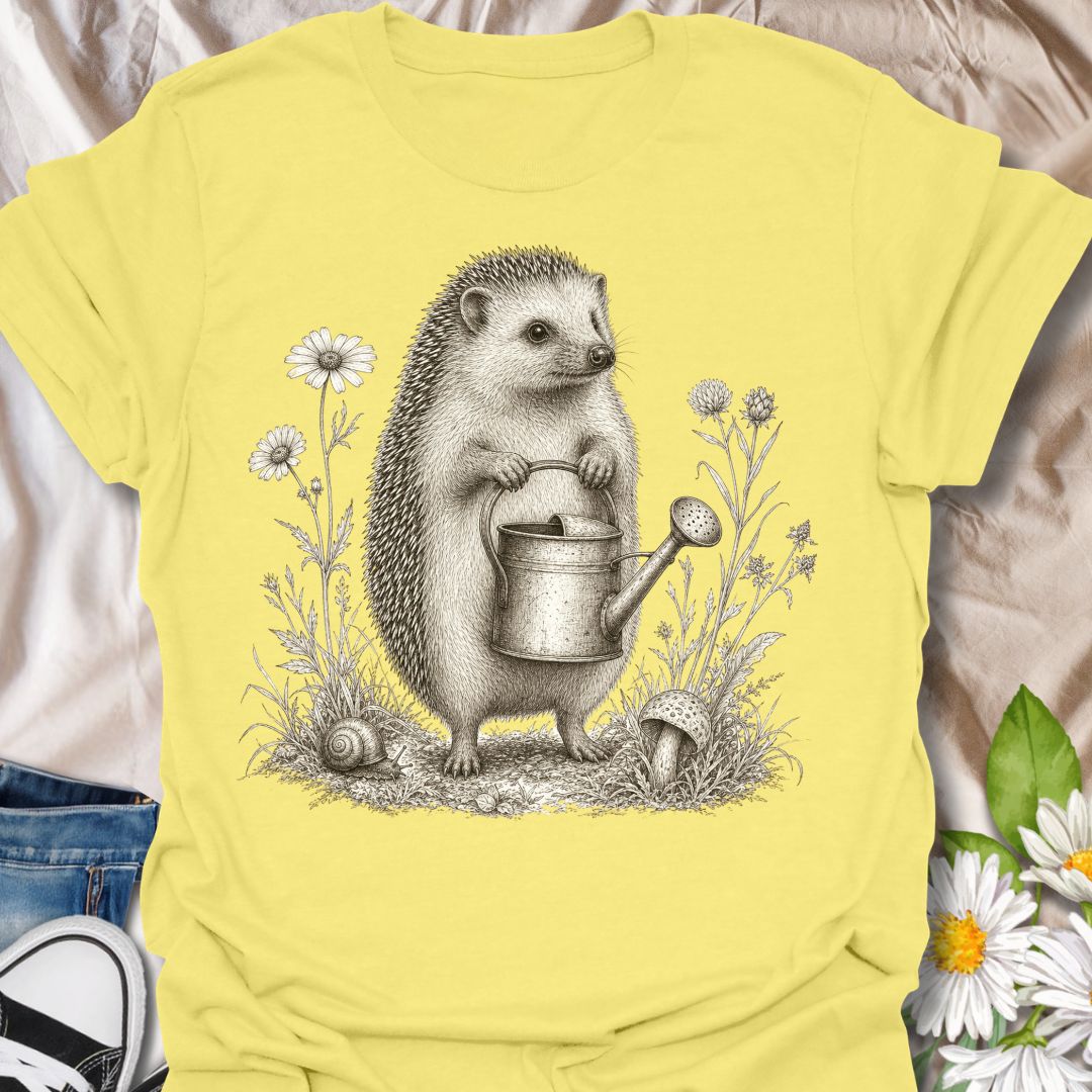 This Hedgehog Gardener t-shirt is made for gardeners, nature lovers, and woodland animal fans who enjoy soft vintage-style artwork. Featuring a sweet hedgehog holding a watering can, surrounded by wildflowers, grass, a snail, and a tiny mushroom, this design has a charming cottagecore garden feel. Perfect for gardeners, plant lovers, hedgehog fans, wildlife lovers, botanical art fans, and anyone who loves gentle nature-inspired designs.