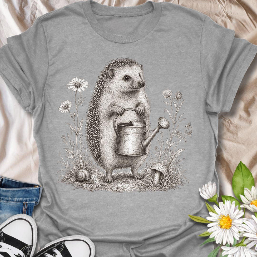 This Hedgehog Gardener t-shirt is made for gardeners, nature lovers, and woodland animal fans who enjoy soft vintage-style artwork. Featuring a sweet hedgehog holding a watering can, surrounded by wildflowers, grass, a snail, and a tiny mushroom, this design has a charming cottagecore garden feel. Perfect for gardeners, plant lovers, hedgehog fans, wildlife lovers, botanical art fans, and anyone who loves gentle nature-inspired designs.
