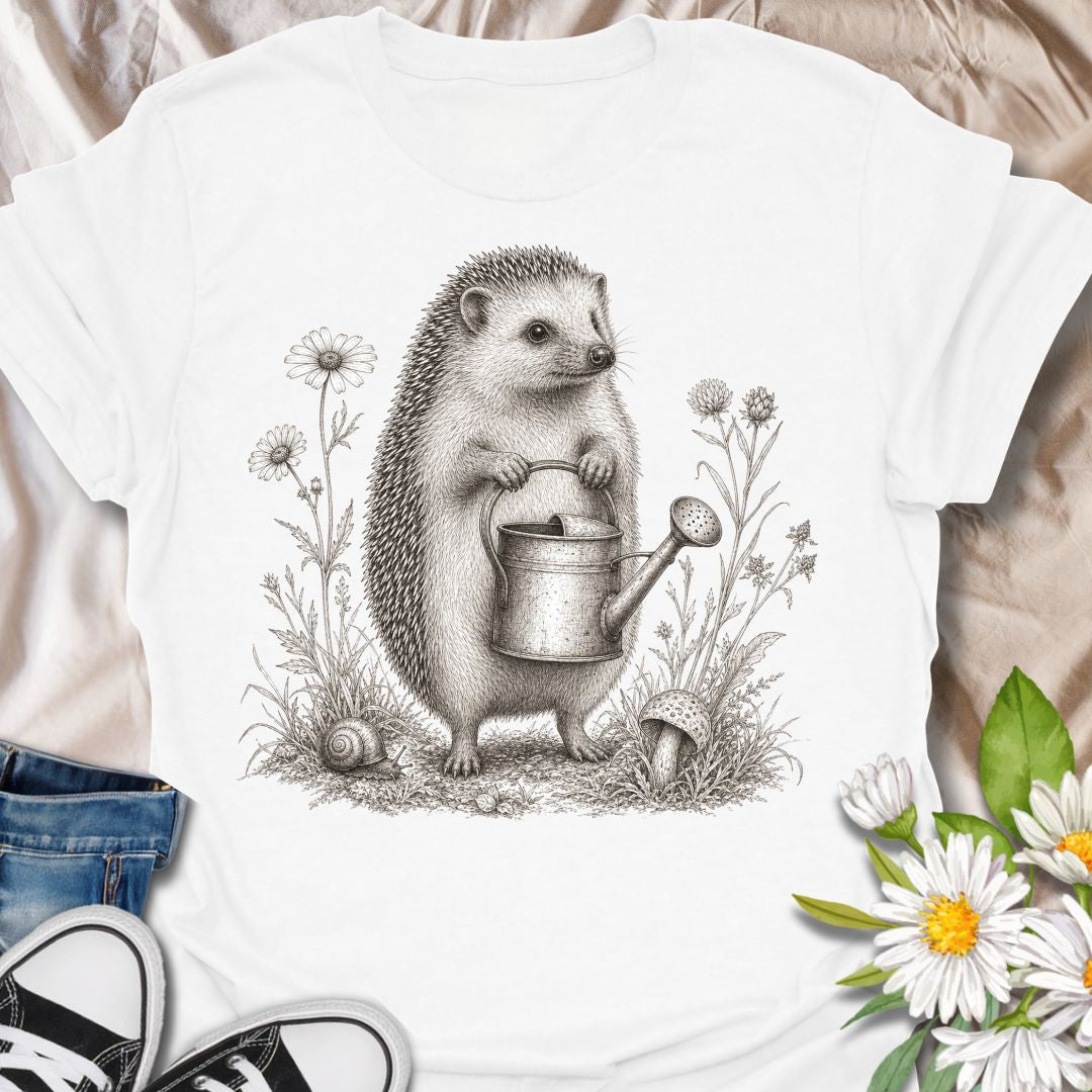 This Hedgehog Gardener t-shirt is made for gardeners, nature lovers, and woodland animal fans who enjoy soft vintage-style artwork. Featuring a sweet hedgehog holding a watering can, surrounded by wildflowers, grass, a snail, and a tiny mushroom, this design has a charming cottagecore garden feel. Perfect for gardeners, plant lovers, hedgehog fans, wildlife lovers, botanical art fans, and anyone who loves gentle nature-inspired designs.