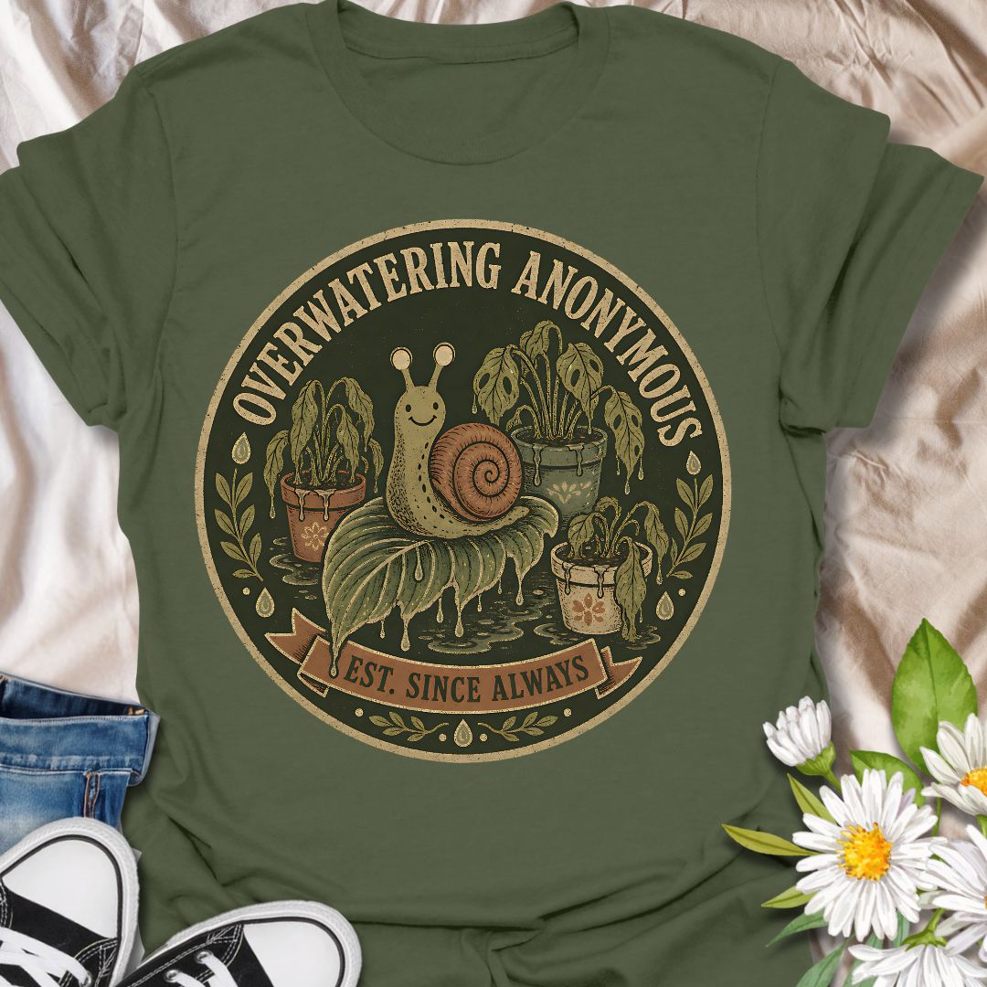 This Overwatering Anonymous t-shirt is made for plant lovers who mean well, even when their houseplants are definitely getting too much attention. Featuring a vintage-style badge design with a cute snail, sad potted plants, leafy details, water drops, and the phrase Est. Since Always, this design has a funny plant-parent feel with a dark botanical twist. Perfect for plant moms, plant dads, houseplant collectors, indoor gardeners, propagation fans, and anyone who has ever loved a plant a little too much with