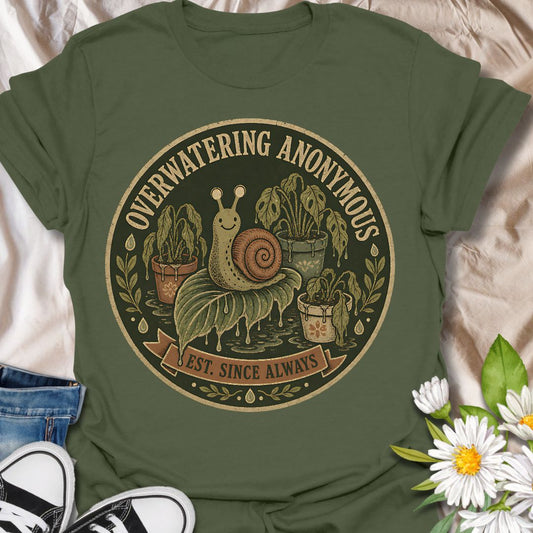 This Overwatering Anonymous t-shirt is made for plant lovers who mean well, even when their houseplants are definitely getting too much attention. Featuring a vintage-style badge design with a cute snail, sad potted plants, leafy details, water drops, and the phrase Est. Since Always, this design has a funny plant-parent feel with a dark botanical twist. Perfect for plant moms, plant dads, houseplant collectors, indoor gardeners, propagation fans, and anyone who has ever loved a plant a little too much with
