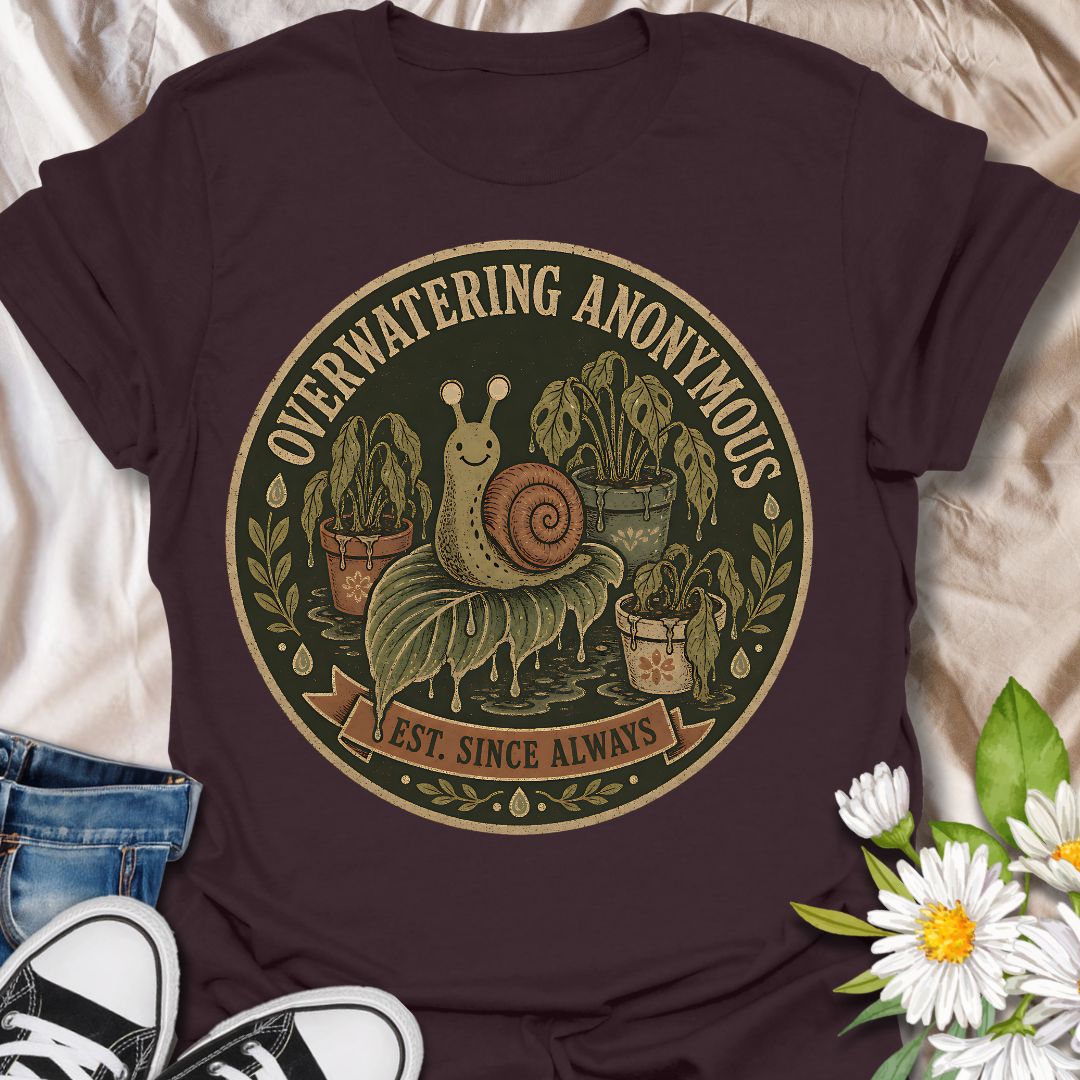 This Overwatering Anonymous t-shirt is made for plant lovers who mean well, even when their houseplants are definitely getting too much attention. Featuring a vintage-style badge design with a cute snail, sad potted plants, leafy details, water drops, and the phrase Est. Since Always, this design has a funny plant-parent feel with a dark botanical twist. Perfect for plant moms, plant dads, houseplant collectors, indoor gardeners, propagation fans, and anyone who has ever loved a plant a little too much with