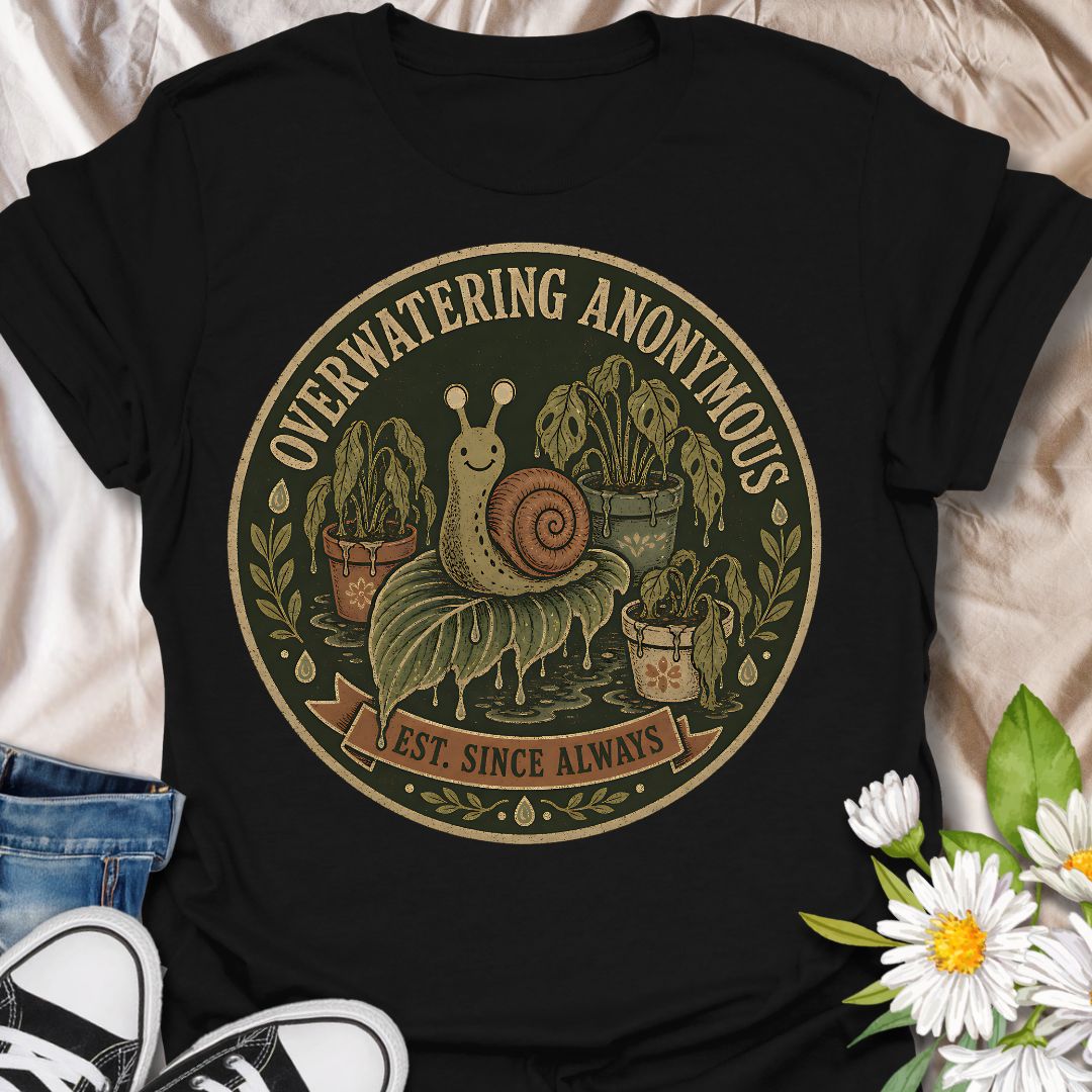 This Overwatering Anonymous t-shirt is made for plant lovers who mean well, even when their houseplants are definitely getting too much attention. Featuring a vintage-style badge design with a cute snail, sad potted plants, leafy details, water drops, and the phrase Est. Since Always, this design has a funny plant-parent feel with a dark botanical twist. Perfect for plant moms, plant dads, houseplant collectors, indoor gardeners, propagation fans, and anyone who has ever loved a plant a little too much with