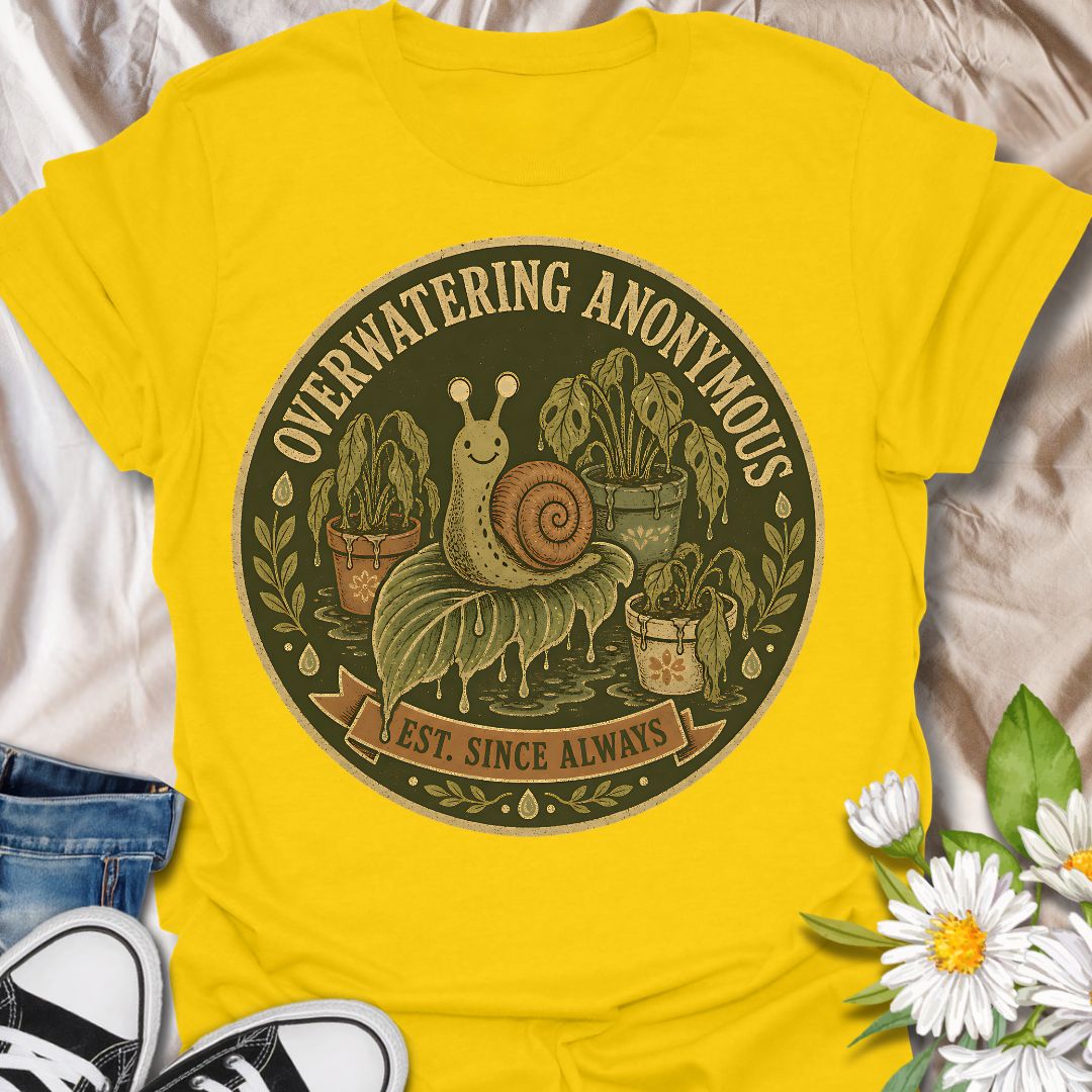 This Overwatering Anonymous t-shirt is made for plant lovers who mean well, even when their houseplants are definitely getting too much attention. Featuring a vintage-style badge design with a cute snail, sad potted plants, leafy details, water drops, and the phrase Est. Since Always, this design has a funny plant-parent feel with a dark botanical twist. Perfect for plant moms, plant dads, houseplant collectors, indoor gardeners, propagation fans, and anyone who has ever loved a plant a little too much with