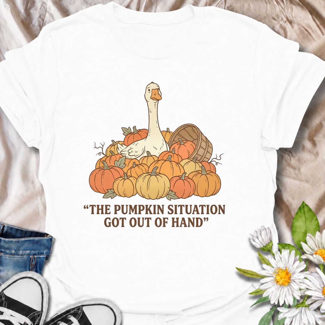 A funny fall gardening T-shirt featuring a very unimpressed goose surrounded by far too many pumpkins. Perfect for pumpkin growers, gardeners, fall lovers, and anyone whose seasonal planting got slightly out of hand.
