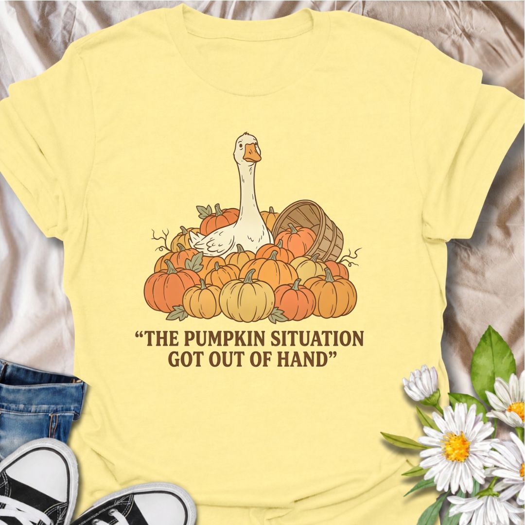 A funny fall gardening T-shirt featuring a very unimpressed goose surrounded by far too many pumpkins. Perfect for pumpkin growers, gardeners, fall lovers, and anyone whose seasonal planting got slightly out of hand.