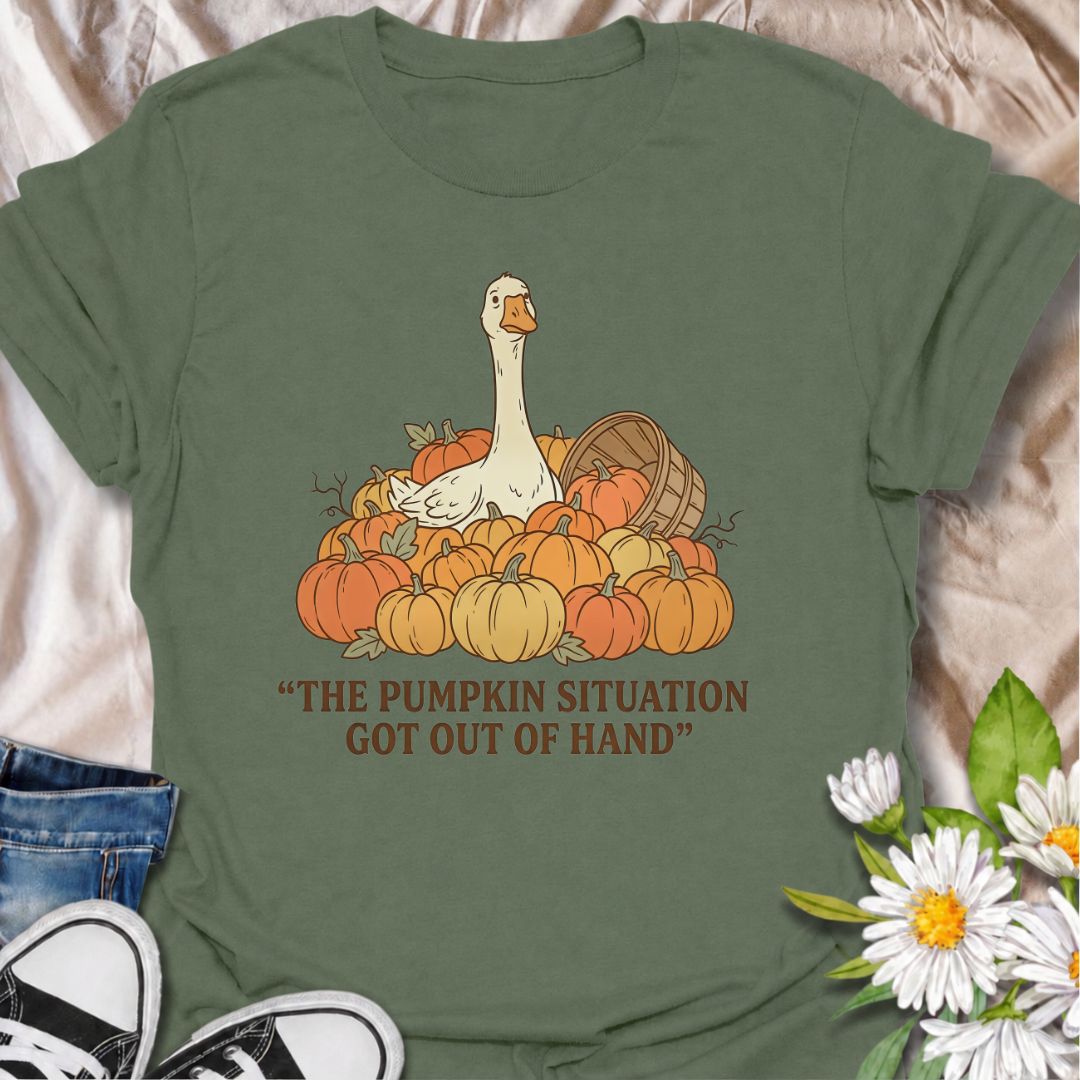 A funny fall gardening T-shirt featuring a very unimpressed goose surrounded by far too many pumpkins. Perfect for pumpkin growers, gardeners, fall lovers, and anyone whose seasonal planting got slightly out of hand.